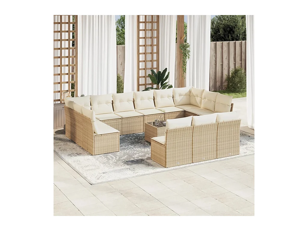 Salon de jardin avec coussins 14 pcs beige résine tressée