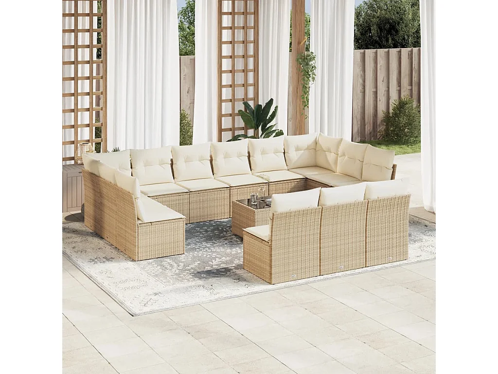 Salon de jardin avec coussins 14 pcs beige résine tressée