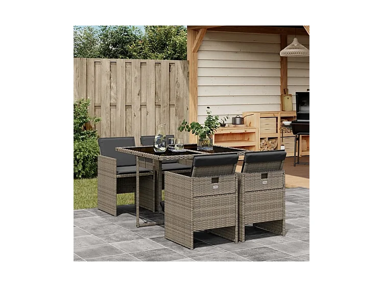 Ensemble à manger de jardin 5 pcs coussins gris résine tressée