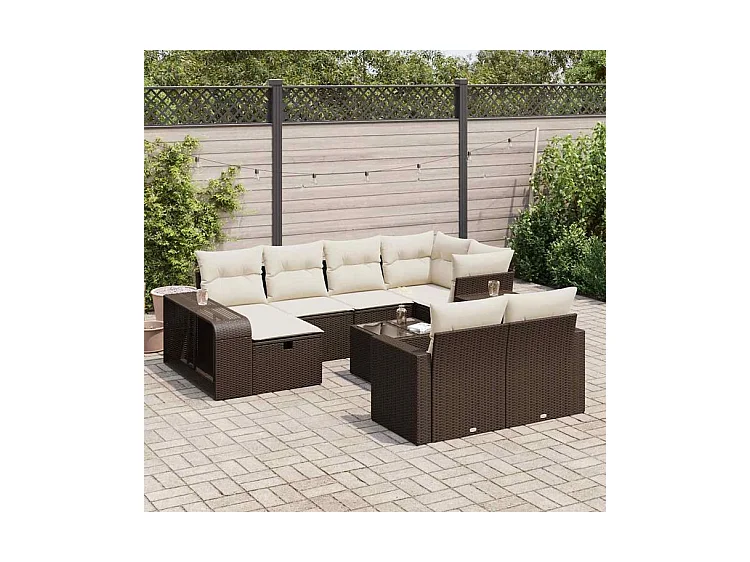 Salon de jardin et coussins 11 pcs marron résine tressée