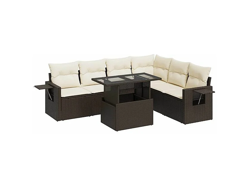 Salon de jardin avec coussins 7 pcs marron résine tressée