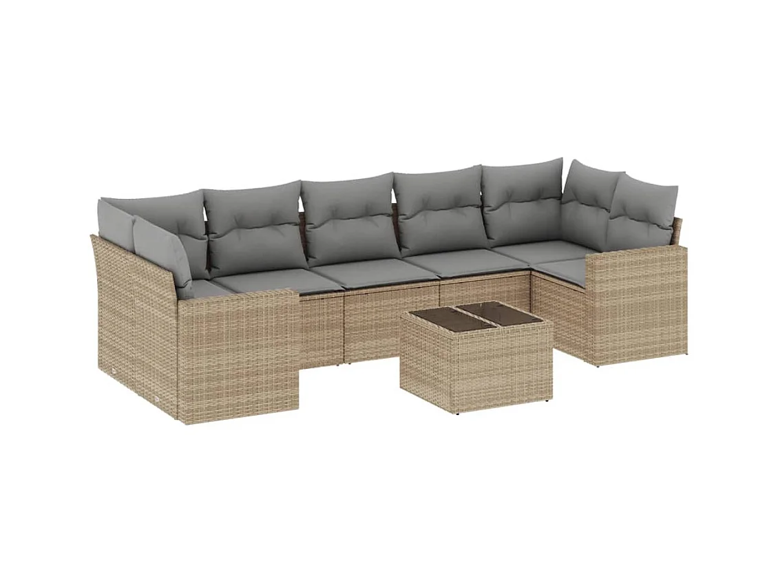 Salon de jardin avec coussins 8 pcs beige résine tressée