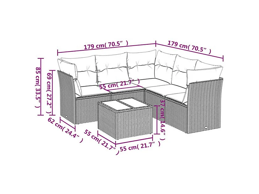 Salon de jardin avec coussins 6 pcs marron résine tressée