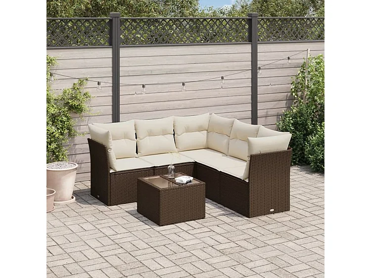 Salon de jardin avec coussins 6 pcs marron résine tressée