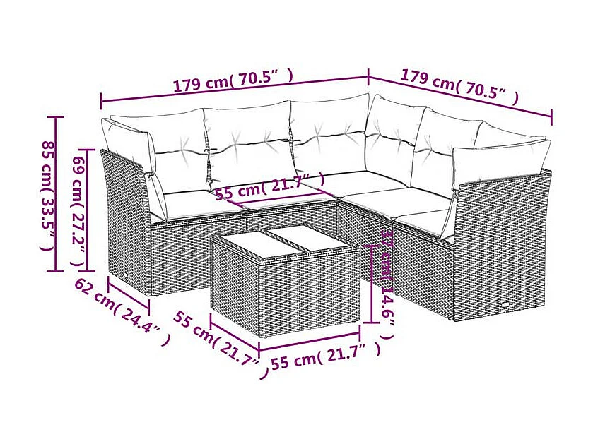 Salon de jardin avec coussins 6 pcs marron résine tressée