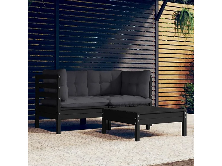 Salon de jardin 3 pcs avec coussins anthracite Bois de pin