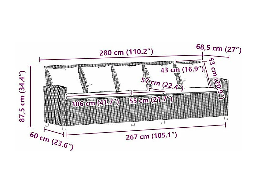 Canapé de jardin avec coussins 5 places noir résine tressée