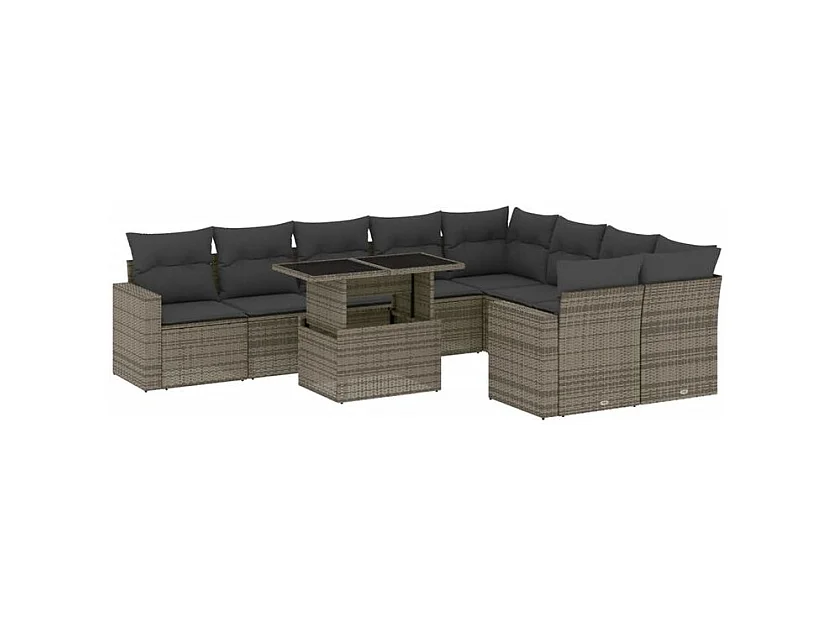 Salon de jardin avec coussins 10 pcs gris résine tressée