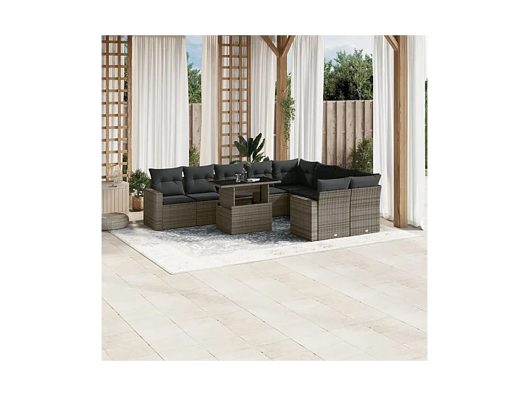 Salon de jardin avec coussins 10 pcs gris résine tressée