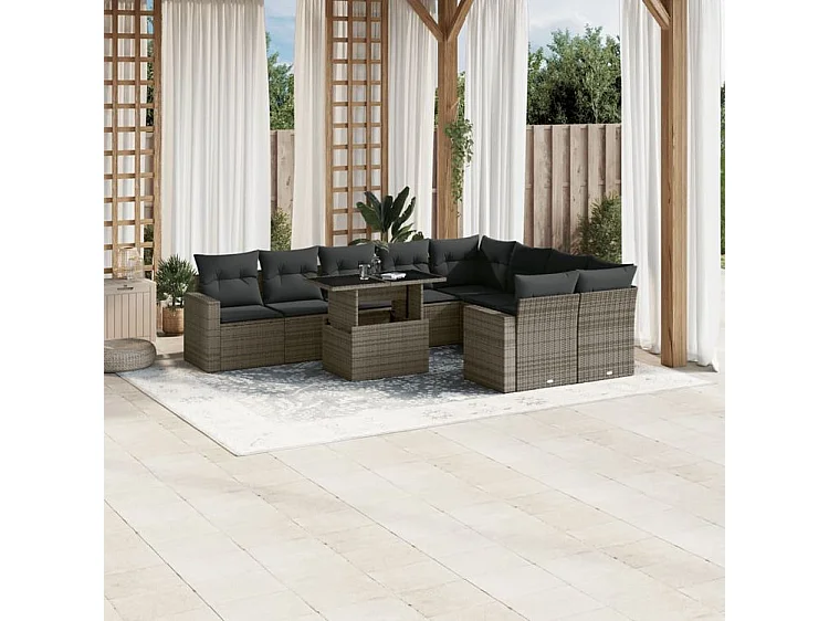 Salon de jardin avec coussins 10 pcs gris résine tressée