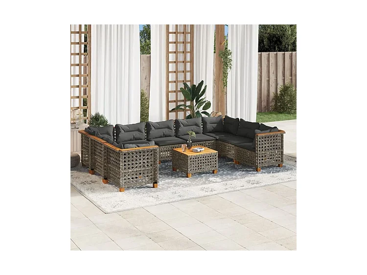 Salon de jardin avec coussins 10 pcs gris résine tressée
