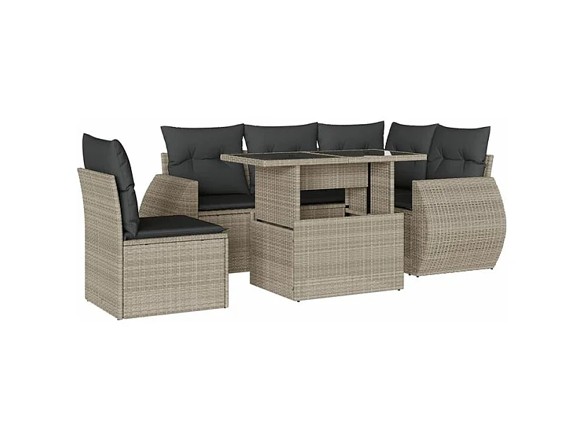 Salon de jardin 6 pcs avec coussins gris clair résine tressée