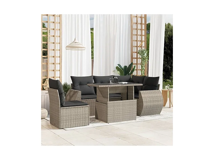 Salon de jardin 6 pcs avec coussins gris clair résine tressée