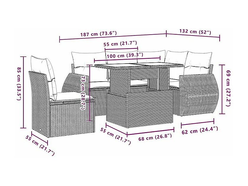 Salon de jardin 6 pcs avec coussins gris clair résine tressée