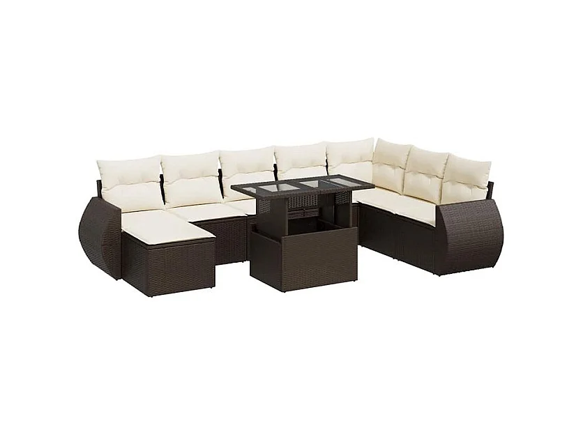 Salon de jardin avec coussins 9 pcs marron résine tressée