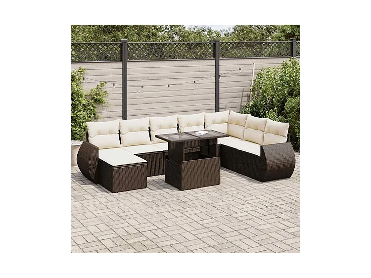 Salon de jardin avec coussins 9 pcs marron résine tressée