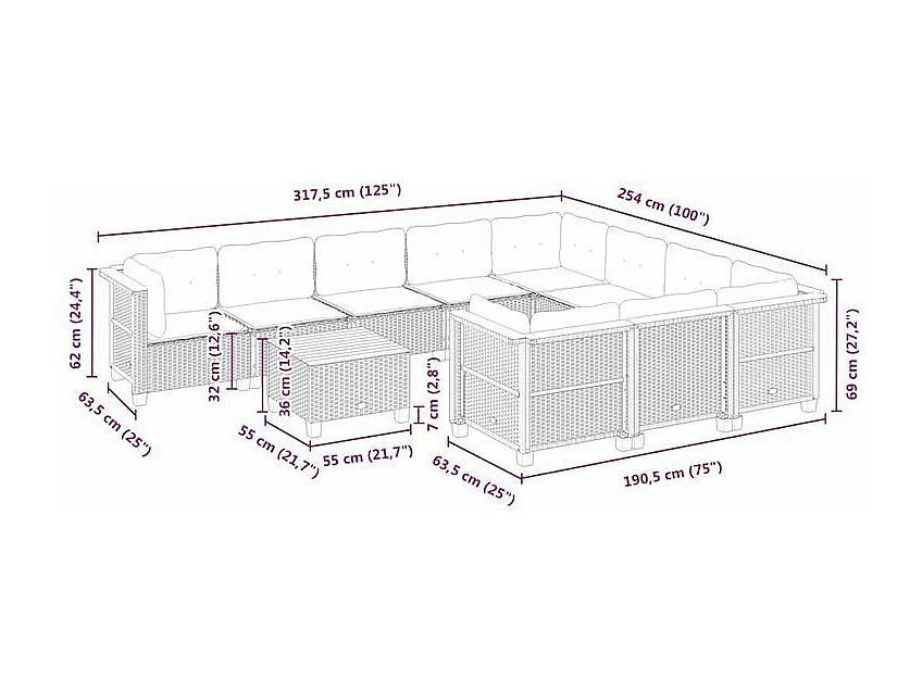 Salon de jardin 11 pcs avec coussins beige résine tressée
