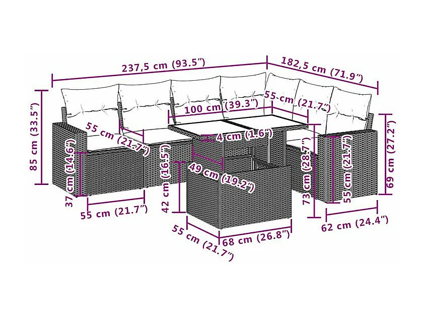 Salon de jardin avec coussins 7 pcs marron résine tressée