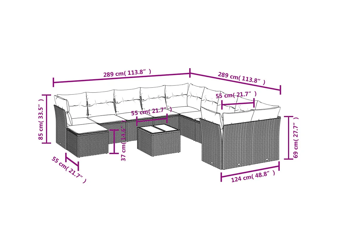 Salon de jardin 12 pcs avec coussins noir résine tressée