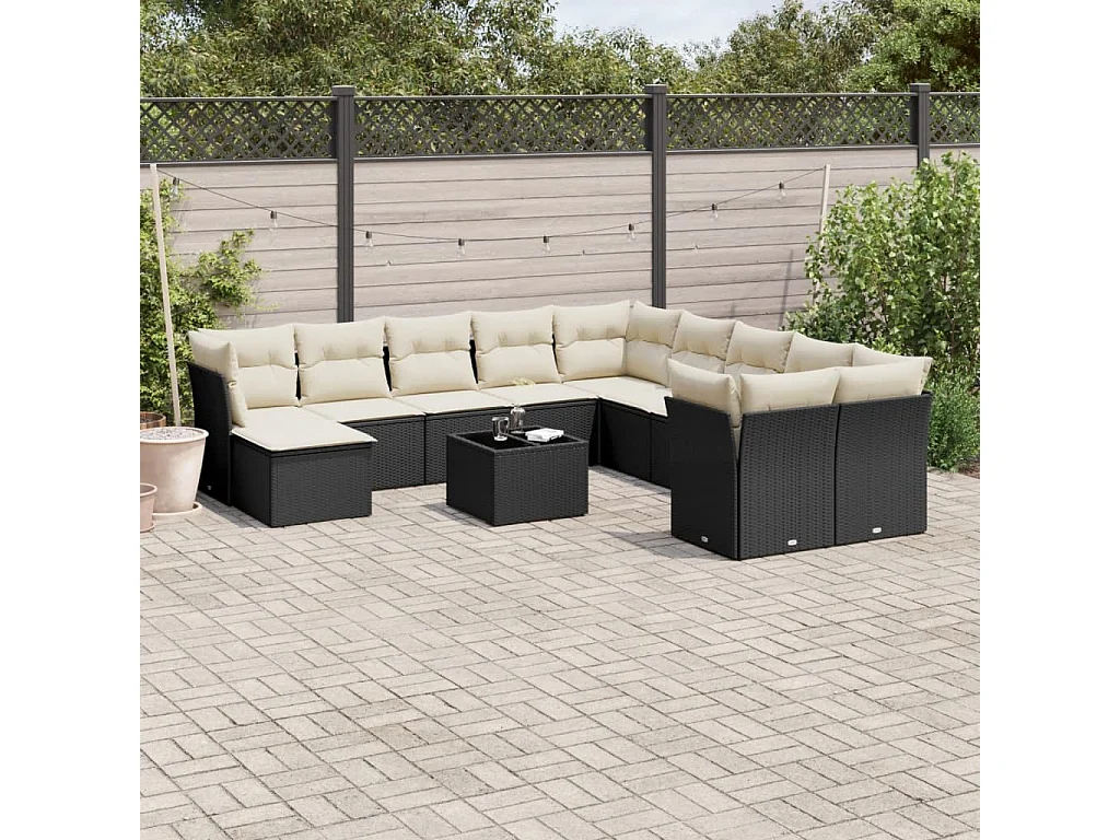 Salon de jardin 12 pcs avec coussins noir résine tressée