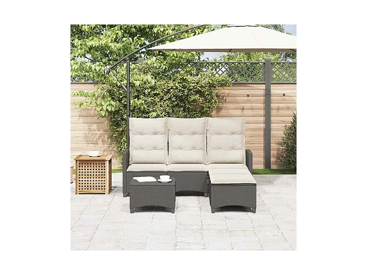 Salon de jardin 3 pcs avec coussins forme L noir résine tressée