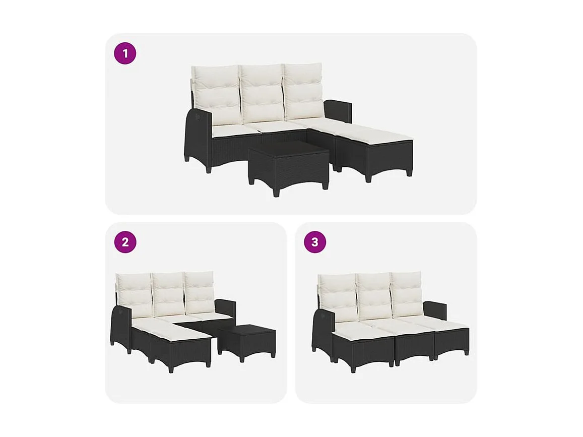 Salon de jardin 3 pcs avec coussins forme L noir résine tressée