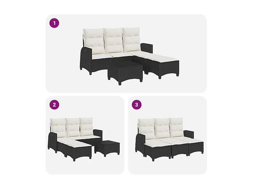 Salon de jardin 3 pcs avec coussins forme L noir résine tressée