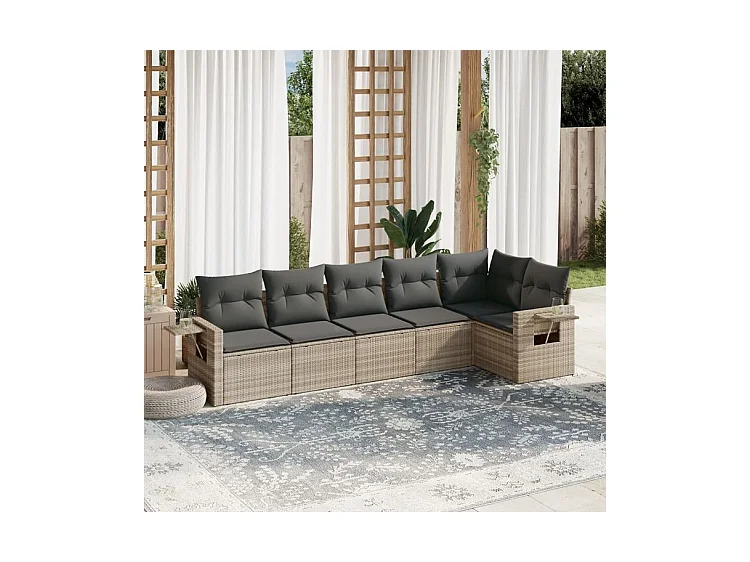 Salon de jardin 6 pcs avec coussins gris clair résine tressée