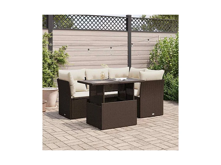 Salon de jardin avec coussins 5 pcs marron résine tressée