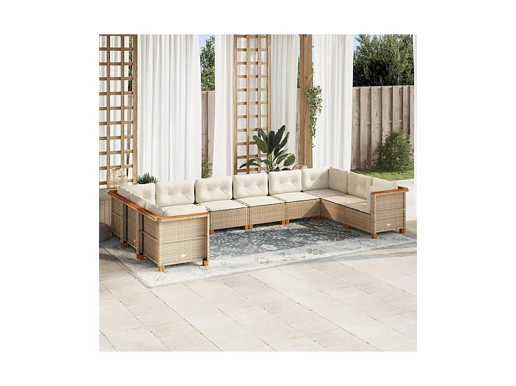 Salon de jardin avec coussins 10 pcs beige résine tressée