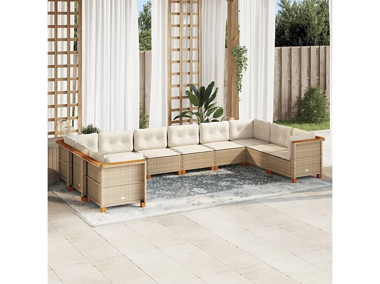 Salon de jardin avec coussins 10 pcs beige résine tressée