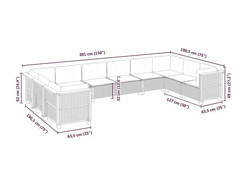 Salon de jardin avec coussins 10 pcs beige résine tressée