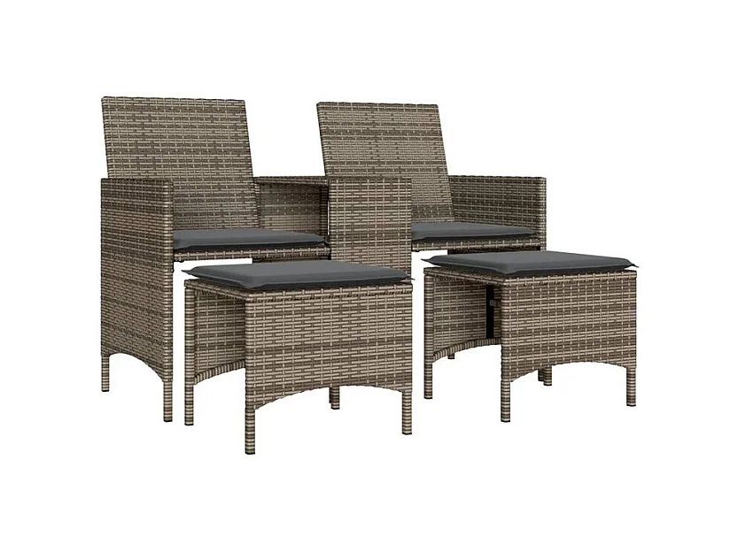 Canapé de jardin 2 places avec table et tabourets gris rotin