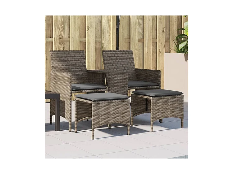 Canapé de jardin 2 places avec table et tabourets gris rotin