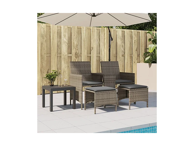 Canapé de jardin 2 places avec table et tabourets gris rotin