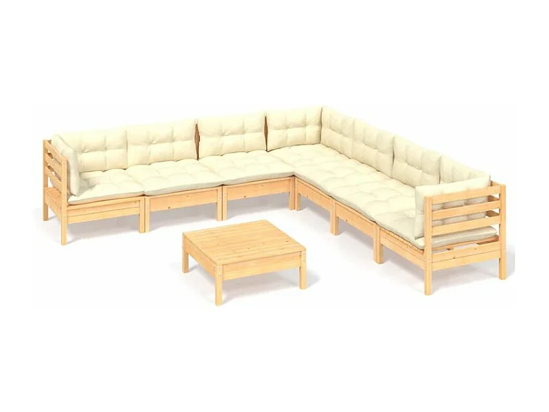 Salon de jardin 8 pcs avec coussins crème Bois de pin solide