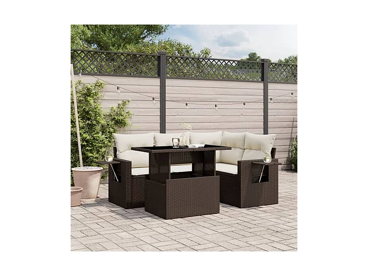 Salon de jardin avec coussins 5 pcs marron résine tressée