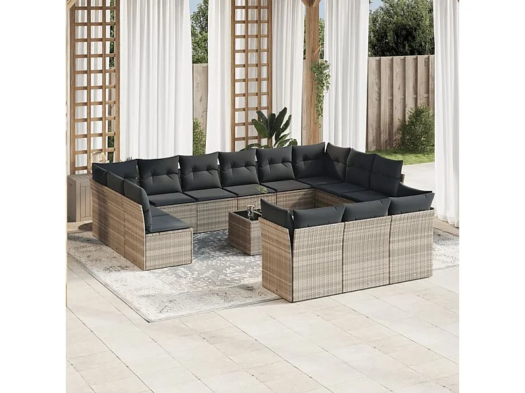 Salon de jardin avec coussins 14 pcs gris clair résine tressée