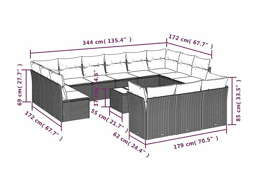Salon de jardin avec coussins 14 pcs gris clair résine tressée