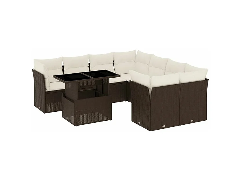 Salon de jardin avec coussins 9 pcs marron résine tressée
