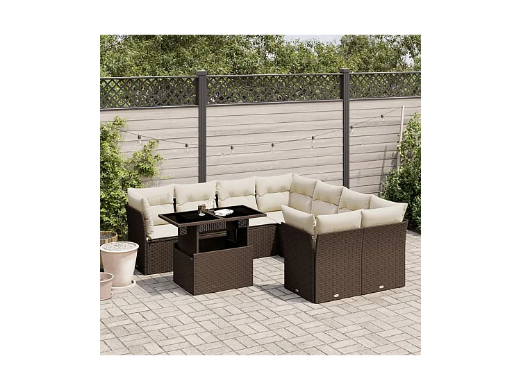 Salon de jardin avec coussins 9 pcs marron résine tressée