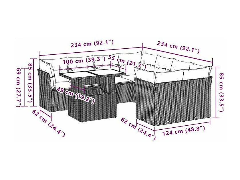 Salon de jardin avec coussins 9 pcs marron résine tressée