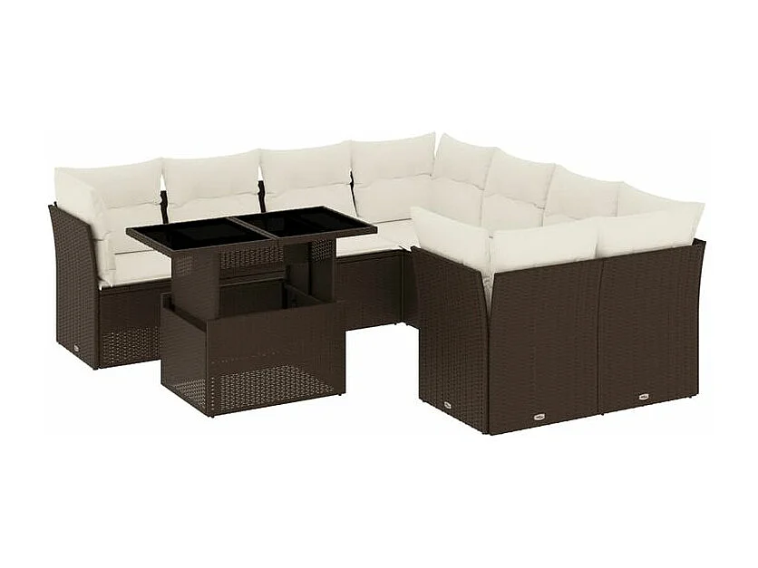 Salon de jardin avec coussins 9 pcs marron résine tressée