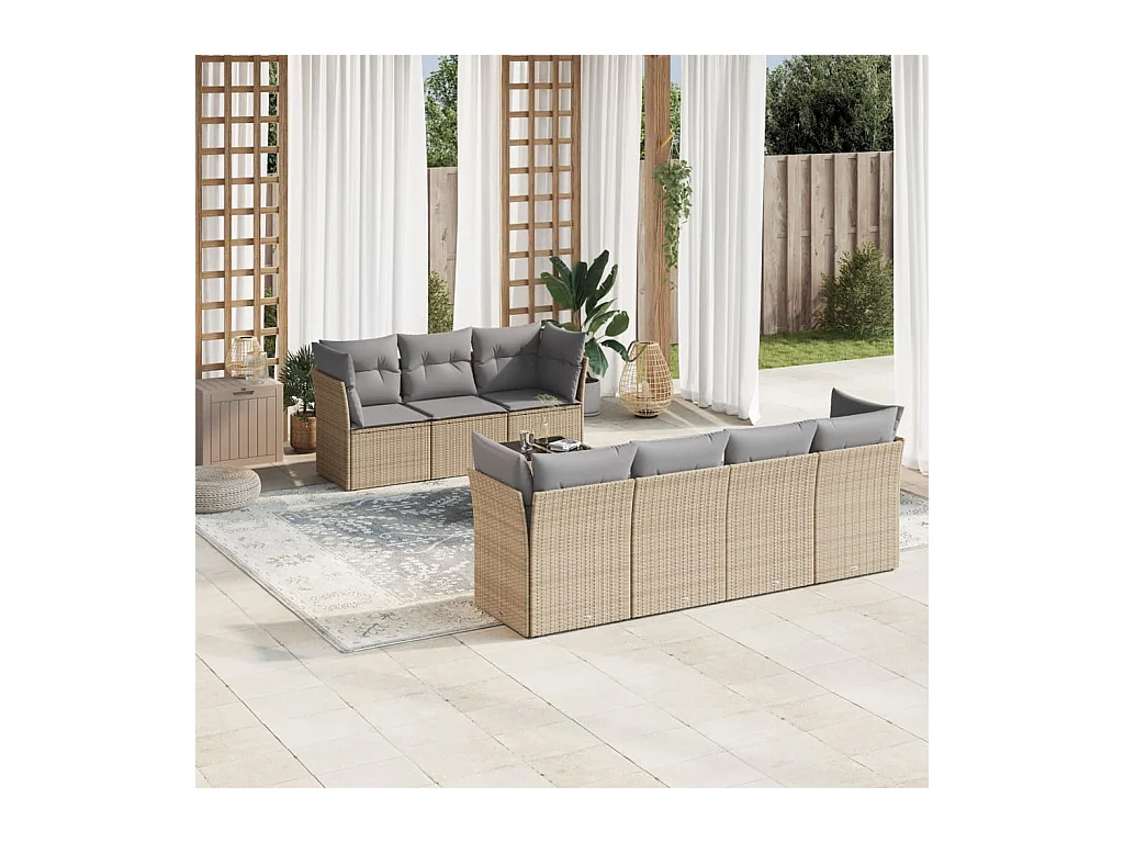 Salon de jardin avec coussins 8 pcs beige résine tressée