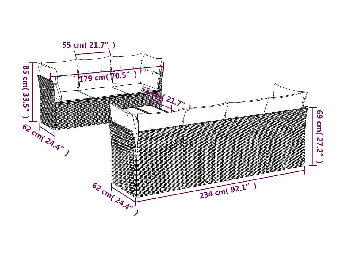 Salon de jardin avec coussins 8 pcs beige résine tressée