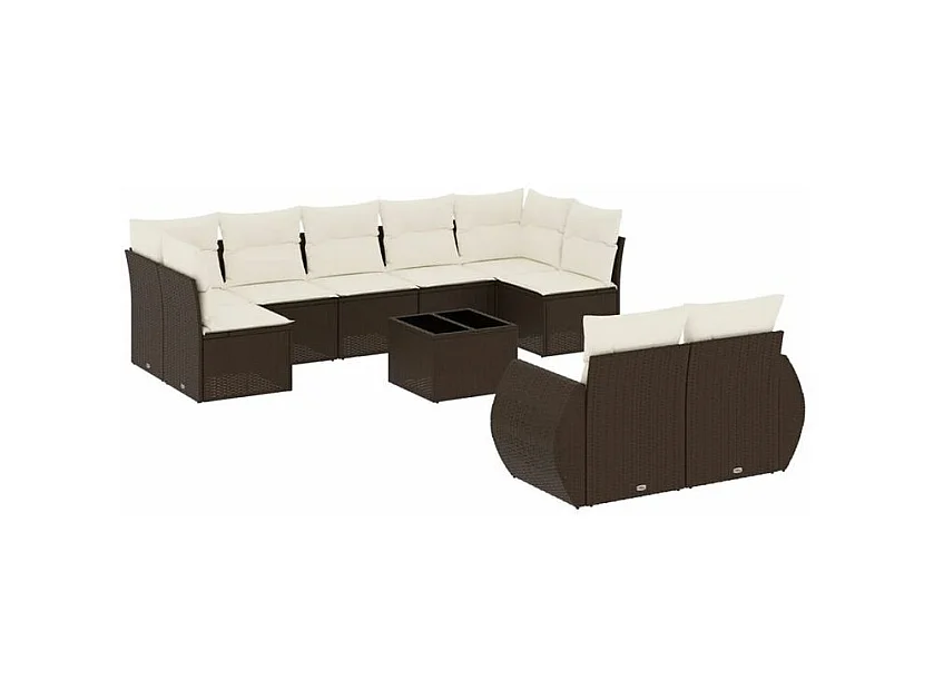 Salon de jardin 10 pcs avec coussins marron résine tressée