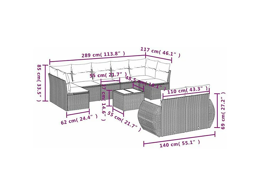 Salon de jardin 10 pcs avec coussins marron résine tressée