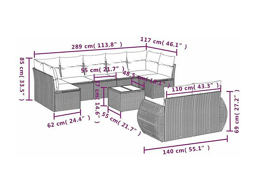 Salon de jardin 10 pcs avec coussins marron résine tressée