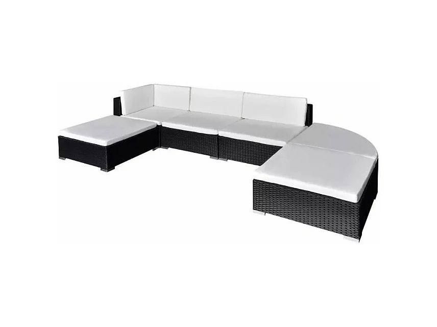 Salon de jardin 6 pièces résine tressée noir coussins blanc Mik