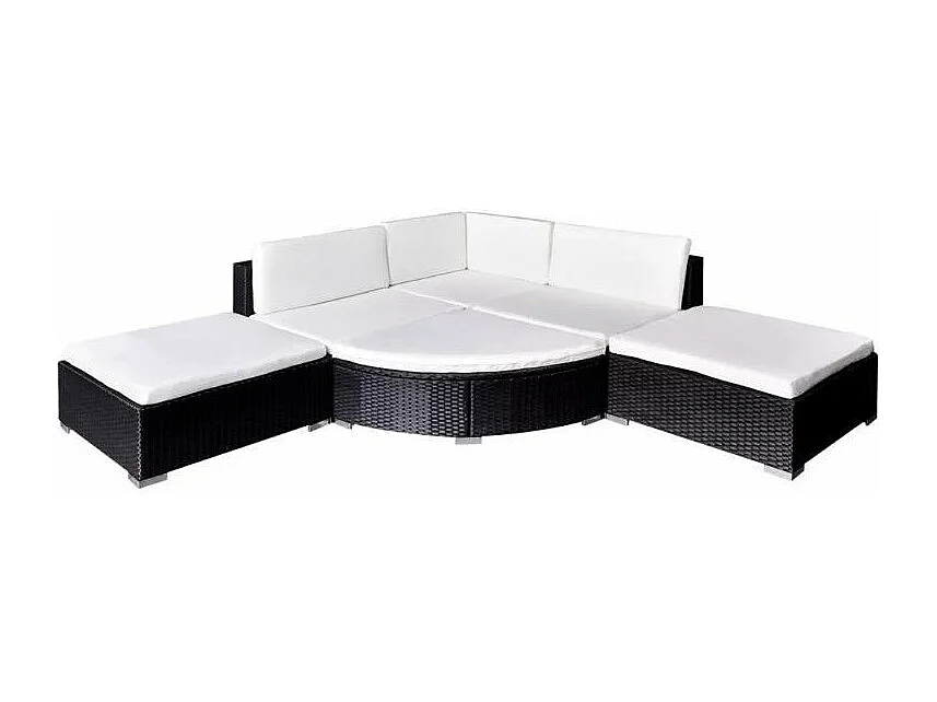 Salon de jardin 6 pièces résine tressée noir coussins blanc Mik